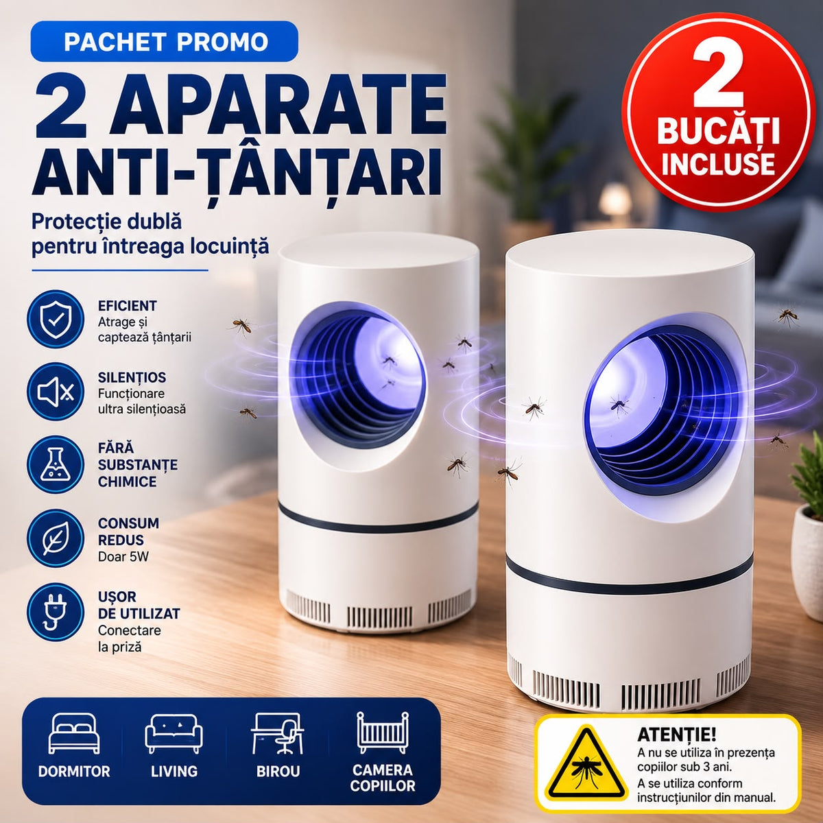 Pachet 2 x Aparat Electric Anti-Tantari cu Lumina UV, Silentios, Fara Substante Chimice, Consum Redus de Energie, Pentru Dormitor, Living si Birou, Alb