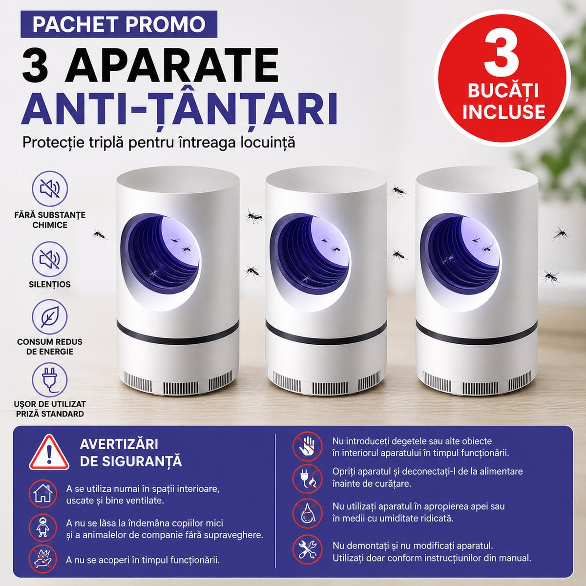 Pachet 3 x Aparat Electric Anti-Tantari cu Lumina UV, Silentios, Fara Substante Chimice, Consum Redus de Energie, Pentru Dormitor, Living si Birou, Alb